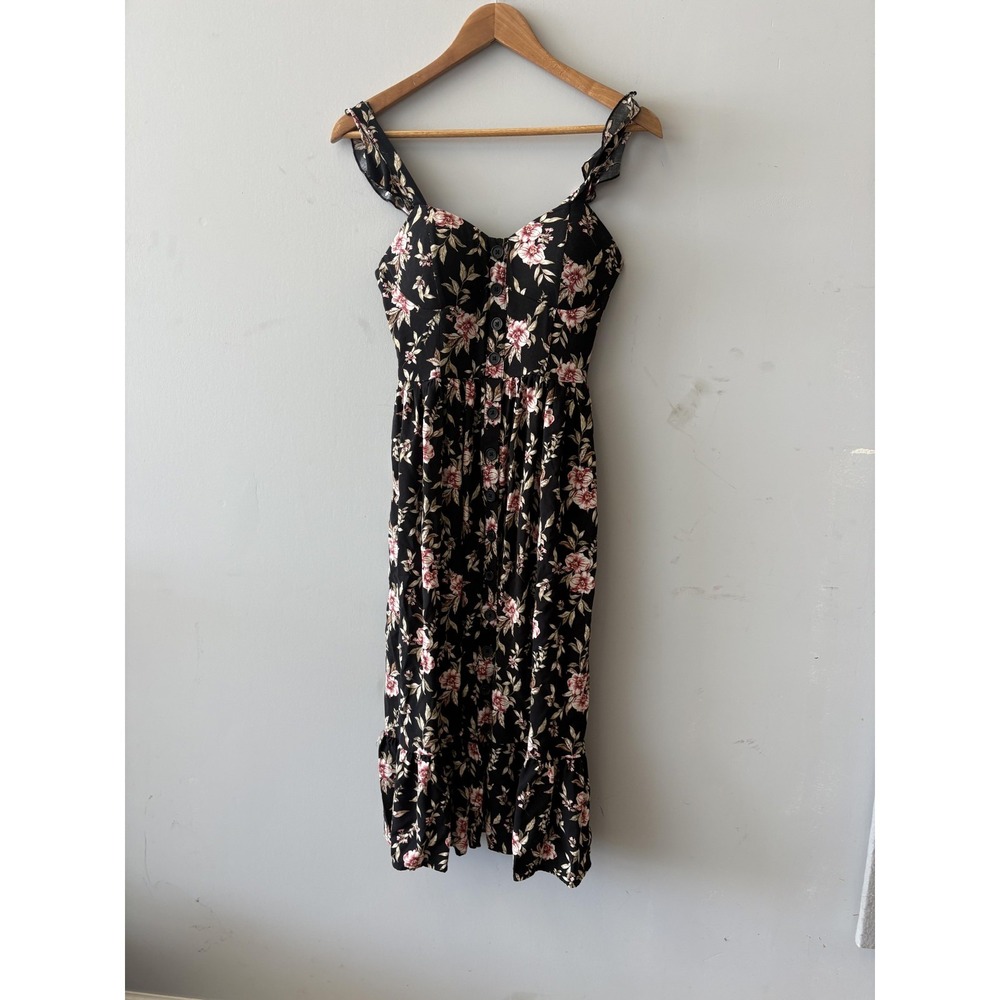 B.O.G Collective Dress Womens XS Black Floral Smocked Button Midi Sundress
